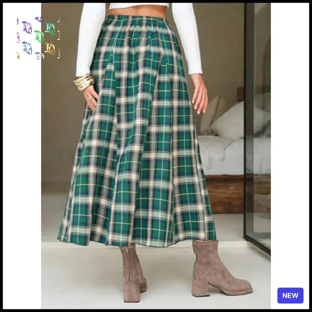 Flannel Plaid Maxi Skirt High Waist A-Line Flared Vintage Style with Pockets